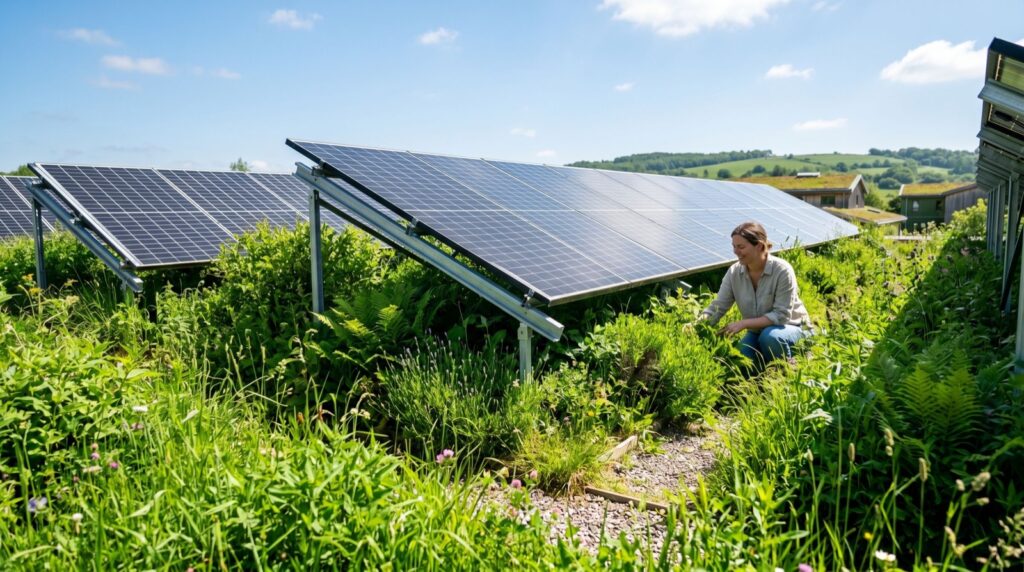 Solar panels among green plants sustainability concept
