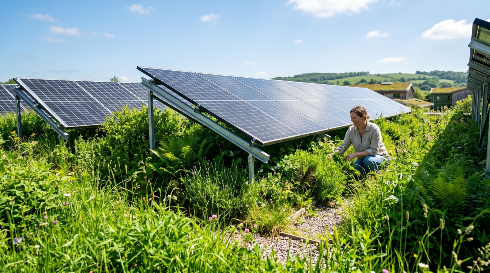 Solar panels among green plants sustainability concept
